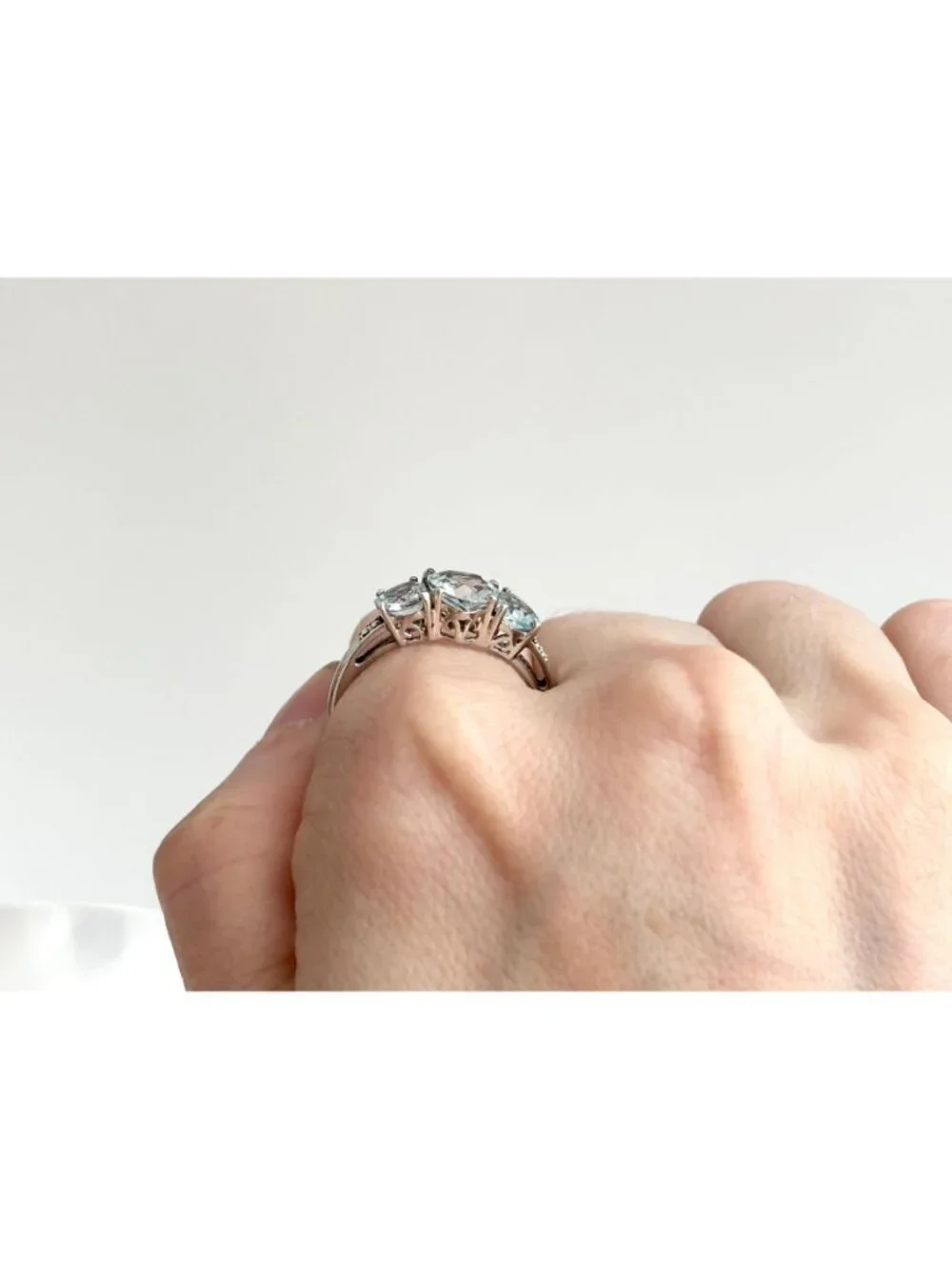 Blue Aquamarine Triple Heart Cut Sterling Silver 925 Vintage Ring - sz 9